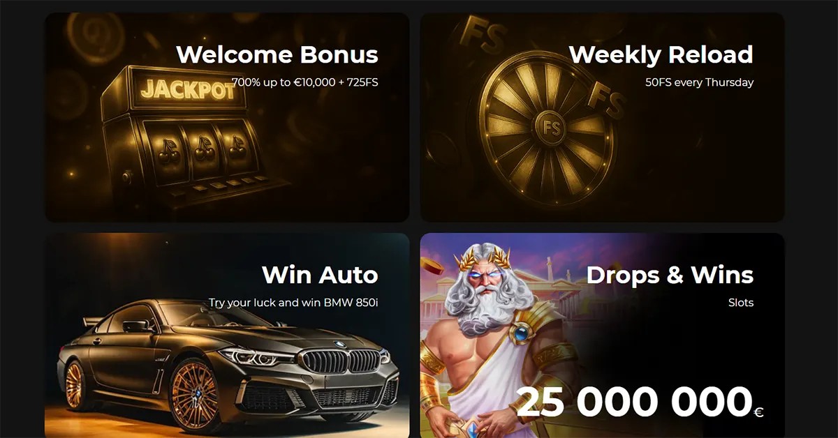 “Grid of four casino promotion tiles: Welcome Bonus (700% up to €10,000 + 725 free spins) with a gold slot machine, Weekly Reload (50 free spins every Thursday) with an ‘FS’ wheel, Win Auto promo featuring a BMW 850i, and Drops & Wins slots promo showing Zeus and a €25,000,000 prize.”